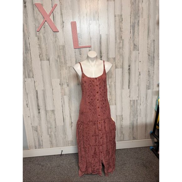Spellbound NYC Boho Maxi Dress XL Brown Embroidered Button Front Rayon - Picture 1 of 6